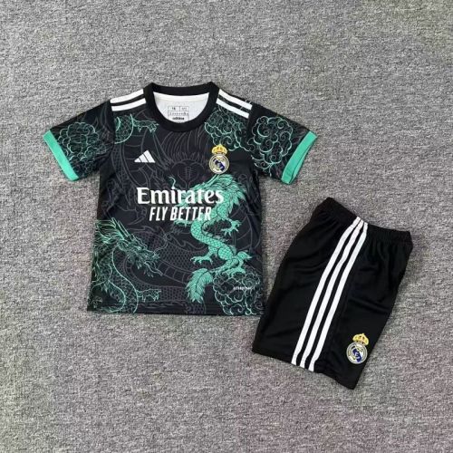 Youth Uniform Kids Kit 2025-2026 Real Madrid Black/Green Dragon Soccer Jersey Shorts Child Football Set