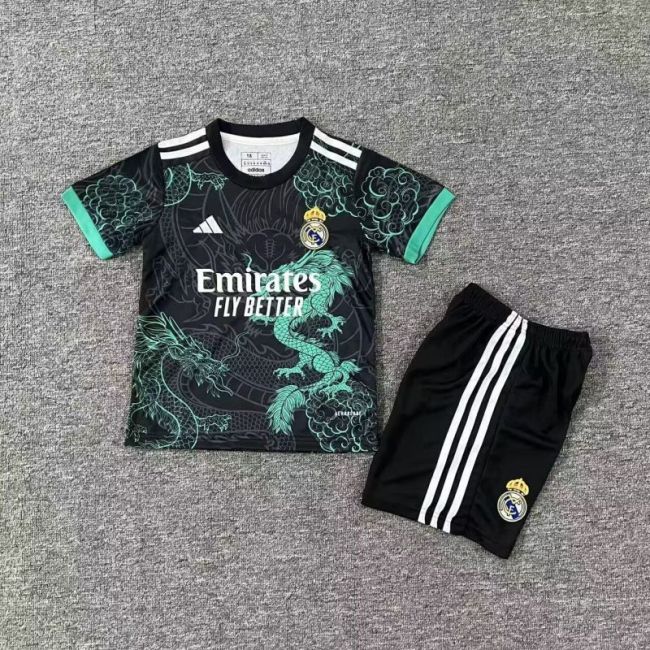 Youth Uniform Kids Kit 2025-2026 Real Madrid Black/Green Dragon Soccer Jersey Shorts Child Football Set