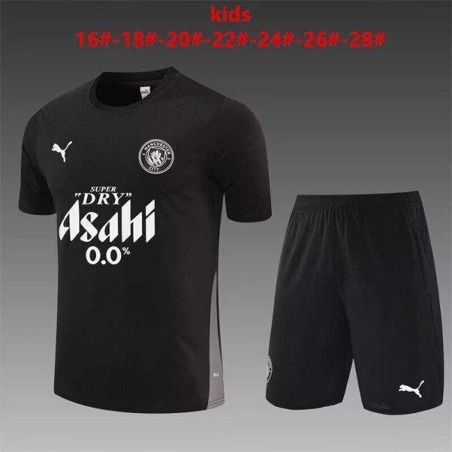 Youth Uniform Kids Kit 2025-2026 Manchester City Black Soccer Training Jersey Shorts Child Football Set