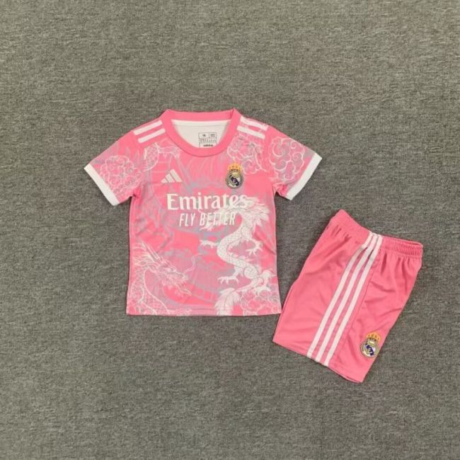 Youth Uniform Kids Kit 2025-2026 Real Madrid Pink/White Dragon Soccer Jersey Shorts Child Football Set