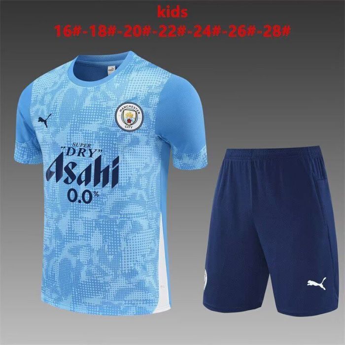 Youth Uniform Kids Kit 2025-2026 Manchester City Light Blue Soccer Training Jersey Shorts Child Football Set