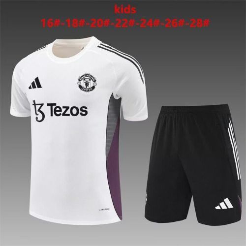Youth Uniform Kids Kit 2025-2026 Manchester United White Soccer Training Jersey Shorts Child Football Set