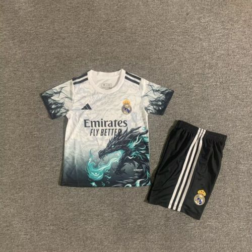 Youth Uniform Kids Kit 2025-2026 Real Madrid White/Black Dragon Soccer Jersey Shorts Child Football Set