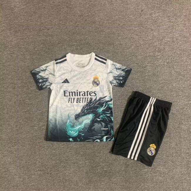 Youth Uniform Kids Kit 2025-2026 Real Madrid White/Black Dragon Soccer Jersey Shorts Child Football Set