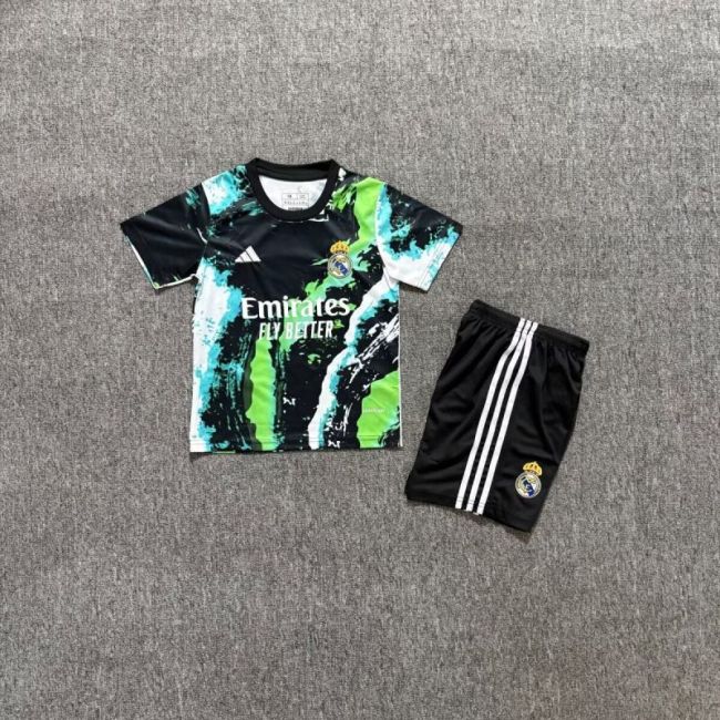 Youth Uniform Kids Kit 2025-2026 Real Madrid Black/Green Special Edition Soccer Jersey Shorts Child Football Set