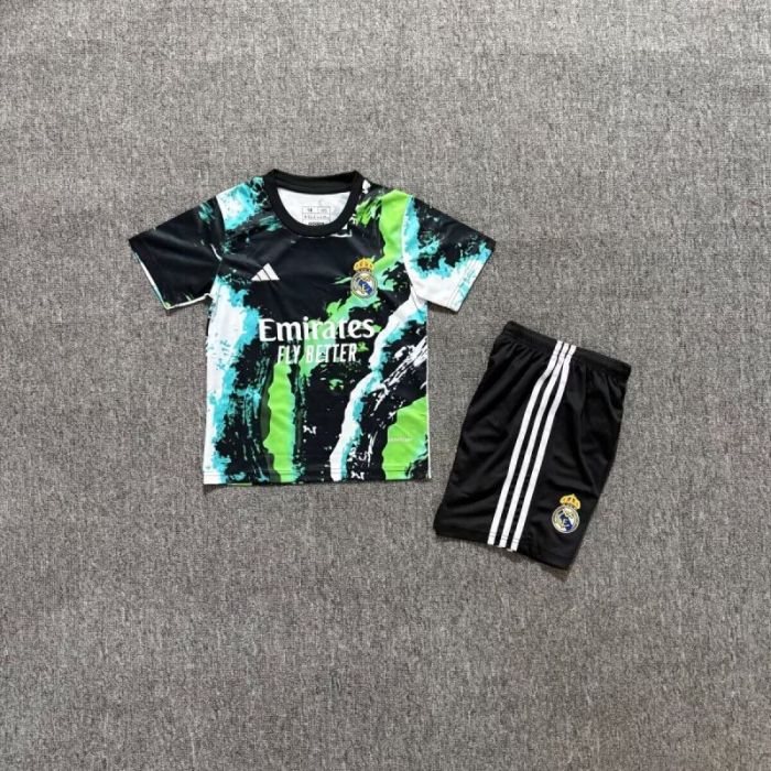 Youth Uniform Kids Kit 2025-2026 Real Madrid Black/Green Special Edition Soccer Jersey Shorts Child Football Set