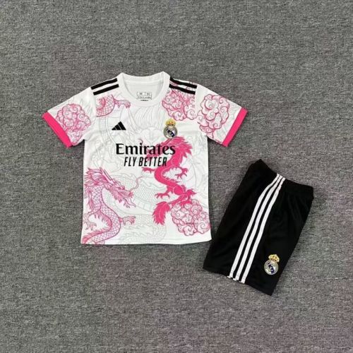 Youth Uniform Kids Kit 2025-2026 Real Madrid White/Pink Dragon Soccer Jersey Shorts Child Football Set