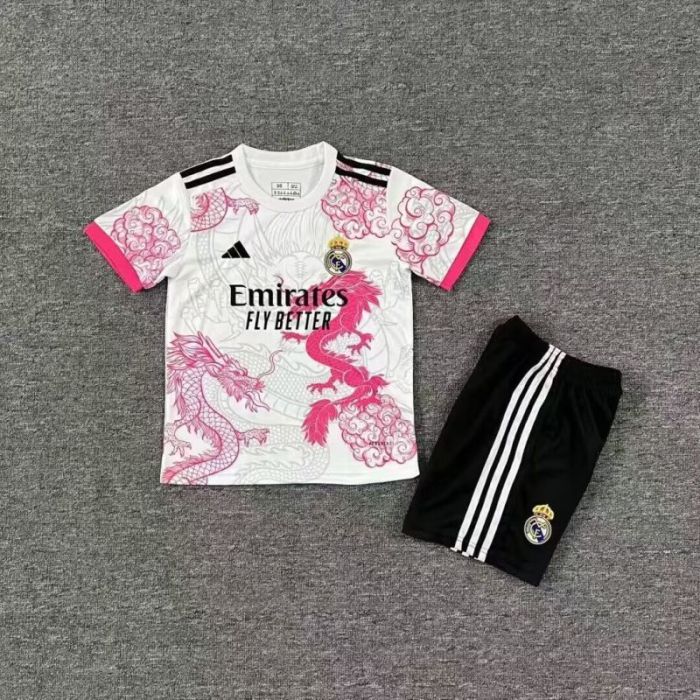 Youth Uniform Kids Kit 2025-2026 Real Madrid White/Pink Dragon Soccer Jersey Shorts Child Football Set