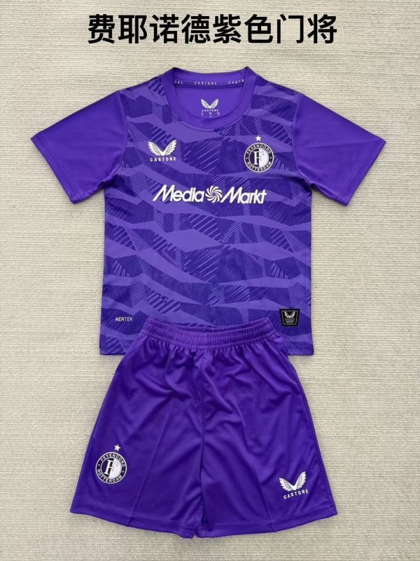 Youth Uniform Kids Kit 2025-2026 Feyenoord Rotterdam Purple Goalkeeper Soccer Jersey Shorts Child Football Set