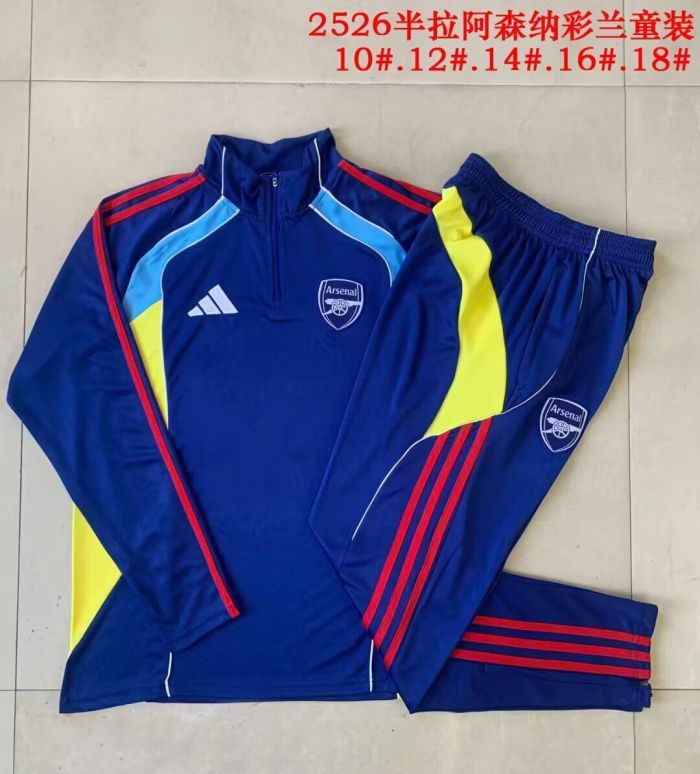 Youth 2025-2026 Arsenal Dark Blue/Yellow Soccer Training Sweater and Pants Football Kit