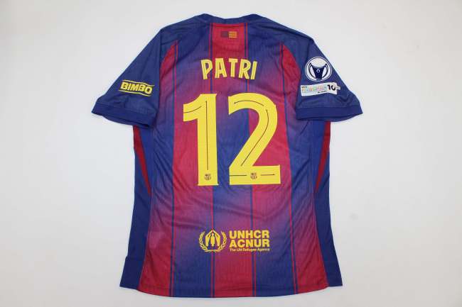 with Femal UCL Patch Barca Camisetas de Futbol Fans Version 2025-2026 Barcelona PATRI 12 Home Soccer Jersey
