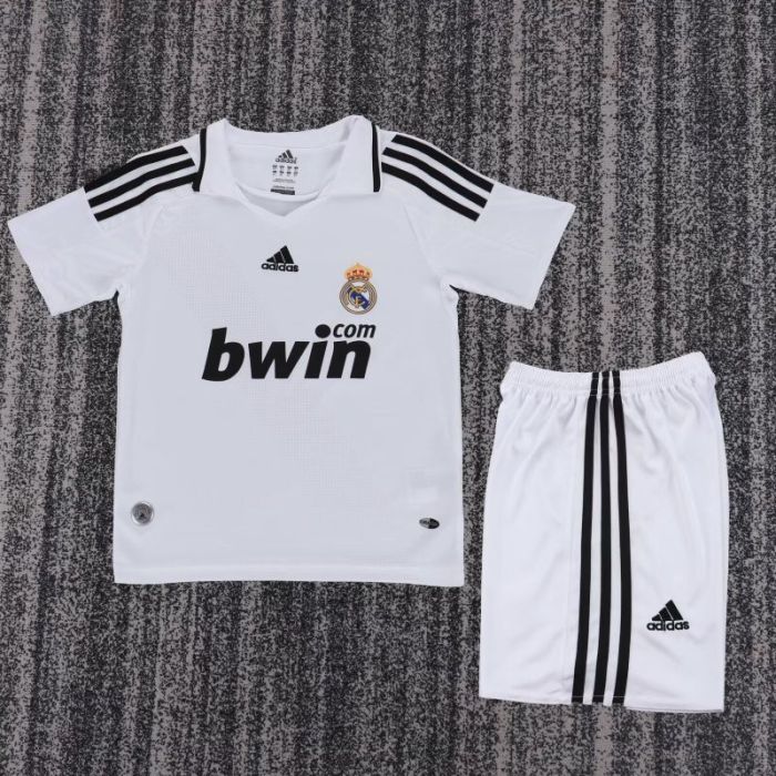 Retro Youth Uniform Kids Kit 2008-2009 Real Madrid Home Soccer Jersey Shorts Vintage Child Football Set