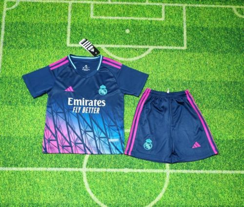 Youth Uniform Kids Kit 2025-2026 Real Madrid Dark Blue Concept Version Soccer Jersey Shorts Child Football Set