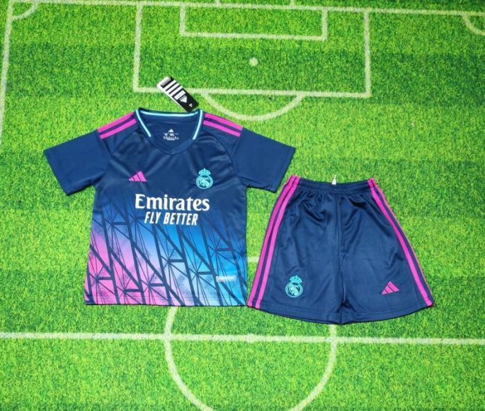 Youth Uniform Kids Kit 2025-2026 Real Madrid Dark Blue Concept Version Soccer Jersey Shorts Child Football Set