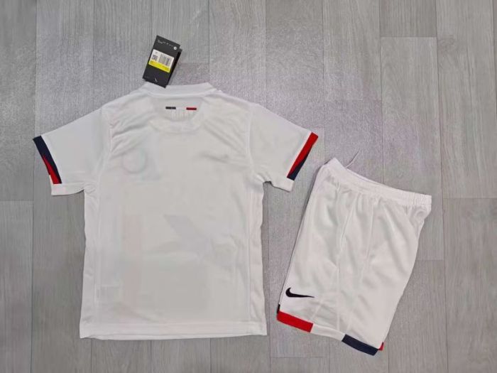 with one Star Youth Uniform Kids Kit 2025-2026 PSG Away White Soccer Jersey Shorts Paris Child Football Set