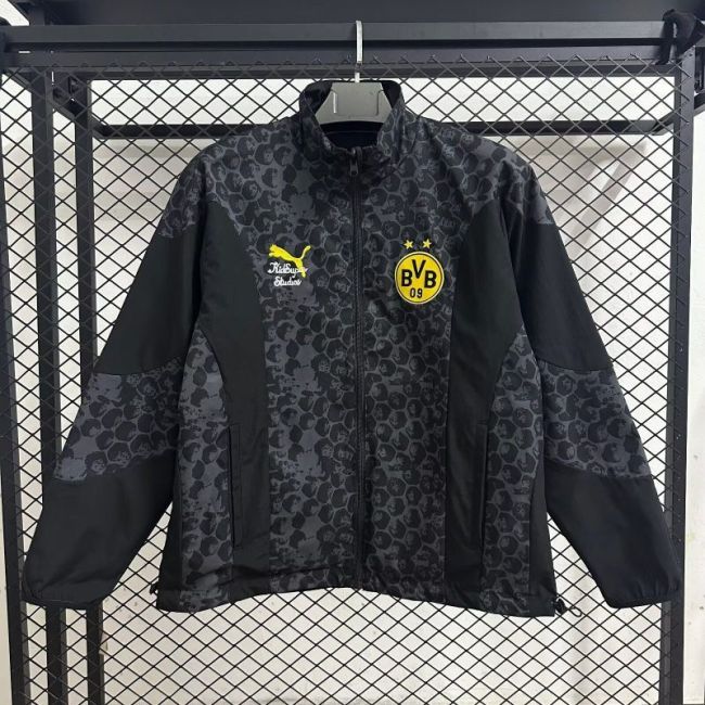 2025-2026 Dortmund Black/Grey Soccer Reversible Windbreaker Jacket BVB Football Jacket