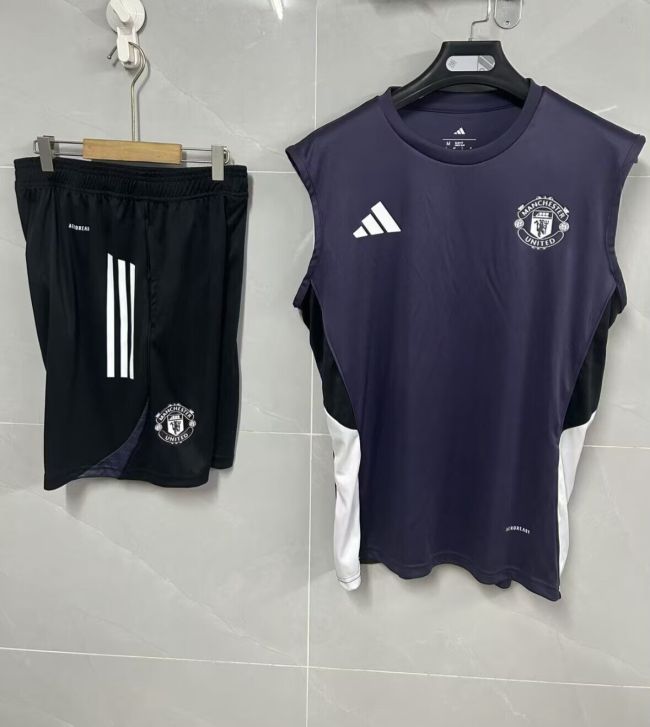 Adult Uniform 2025-2026 Manchester United Dark Blue Soccer Training Vest and Shorts Football Set