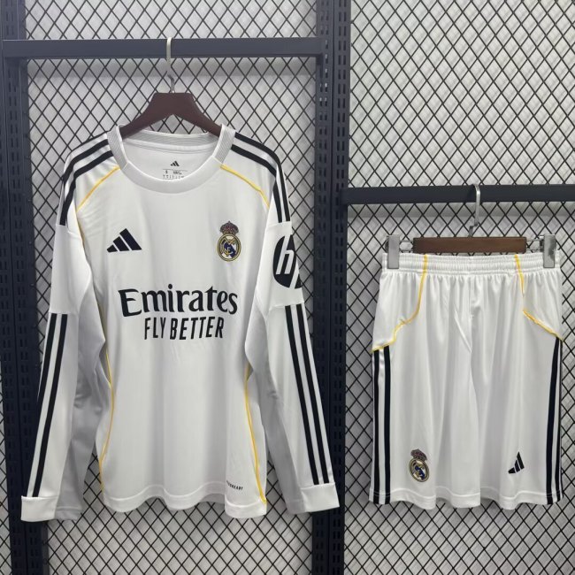 Long Sleeve Adult Uniform 2025-2026 Real Madrid Home Soccer Jersey Shorts Men's Football Kit