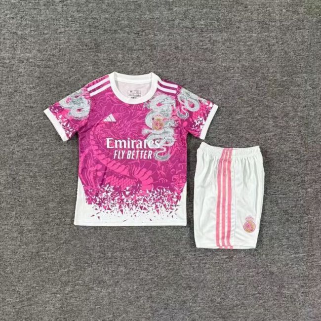 Youth Uniform Kids Kit 2025-2026 Real Madrid Pink/White Dragon Soccer Jersey Shorts Child Football Set