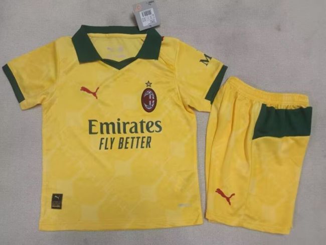 Youth Uniform Kids Kit 2025-2026 AC Milan Third Away Yellow Soccer Jersey Shorts Child Football Set