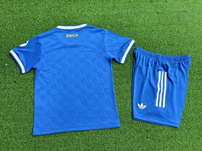 Player Version Youth Uniform Kids Kit 2025-2026 Real Madrid Third Away Blue Soccer Jersey Shorts Child Football Set