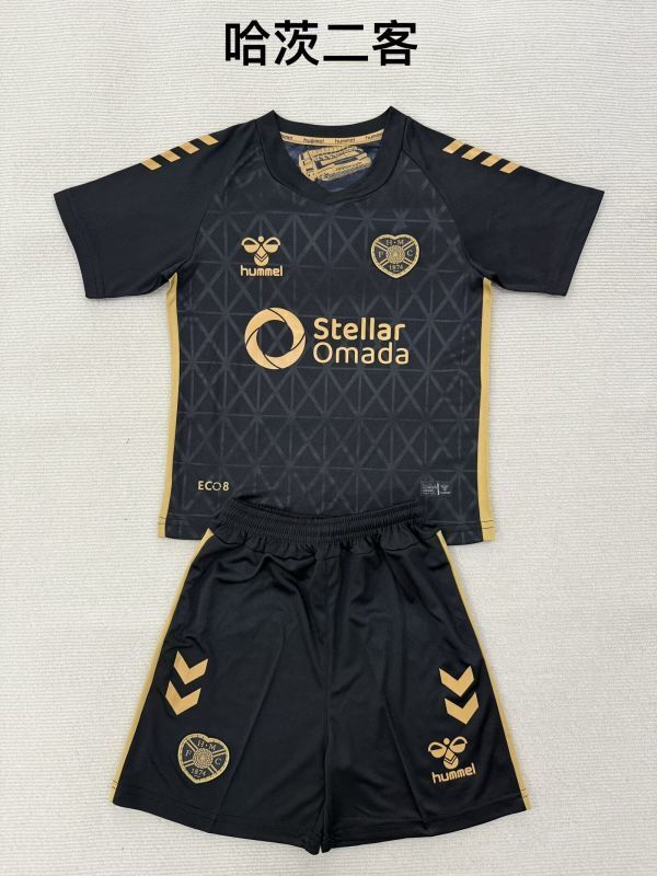 Youth Uniform Kids Kit Heart of Midlothian 2025-2026 Third Away Black Soccer Jersey Shorts Child Football Set