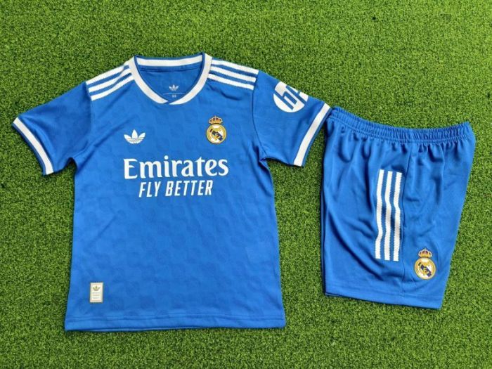 Player Version Youth Uniform Kids Kit 2025-2026 Real Madrid Third Away Blue Soccer Jersey Shorts Child Football Set