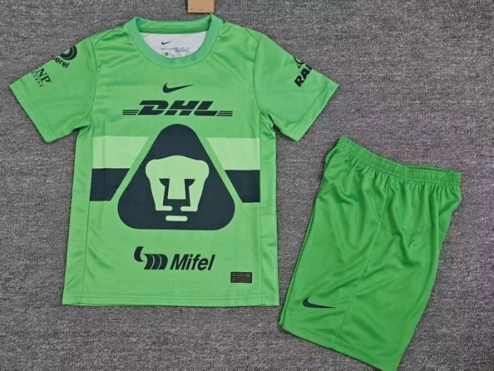 Youth Uniform Kids Kit 2025-2026 Pumas Green Goalkeeper Soccer Jersey Shorts Child Football Set