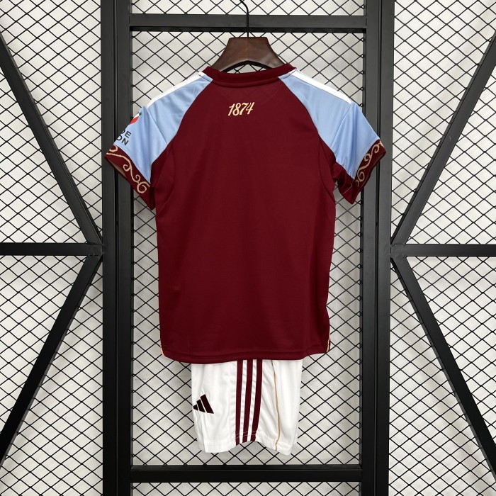 with Sponor Logo Youth Uniform Kids Kit 2025-2026 Aston Villa Home Soccer Jersey Shorts Child Football Set