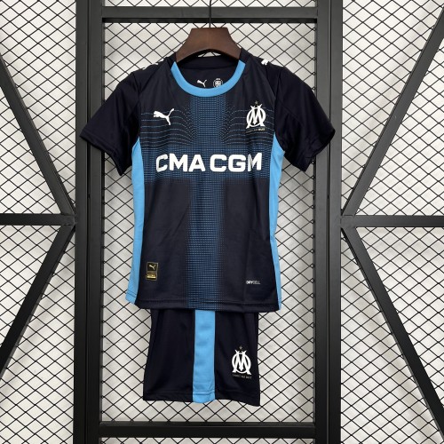 Youth Uniform Kids Kit 2025-2026 Marseille Away Dark Blue Soccer Jersey Shorts Child Football Set