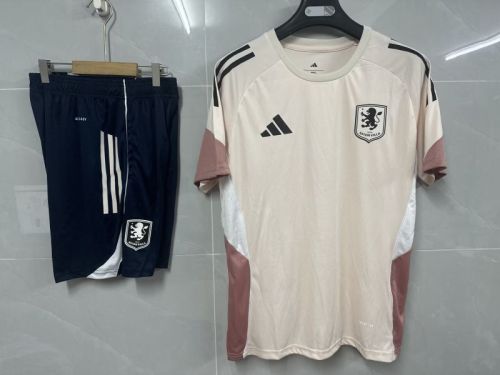 Adult Uniform 2025-2026 Aston Villa Light Pink Soccer Training Jersey and Shorts Football Kits