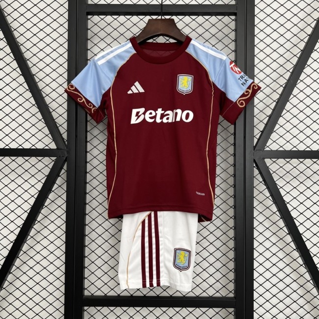with Sponor Logo Youth Uniform Kids Kit 2025-2026 Aston Villa Home Soccer Jersey Shorts Child Football Set