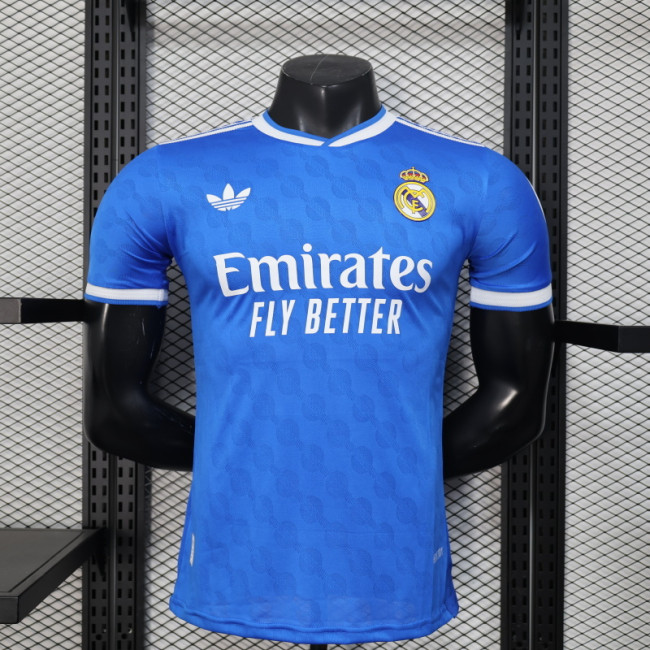 with HP Logo Player Version 2025-2026 Real Madrid Third Away Blue Soccer Jersey Real Football Shirt