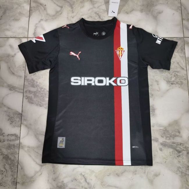 with LALIGA Patch Fans Version 2025-2026 Sporting Gijon Away Black Soccer Jersey Football Shirt