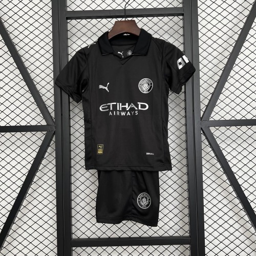 Youth Uniform Kids Kit 2025-2026 Manchester City Away black Soccer Jersey Shorts Child Football Set