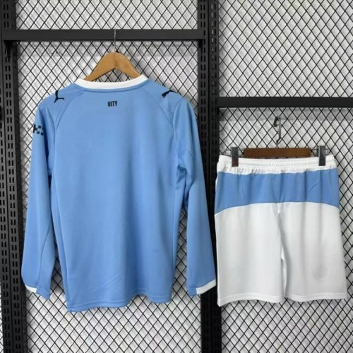 Long Sleeve Youth Uniform Kids Kit 2025-2026 Manchester City Home Soccer Jersey Shorts Child Football Set