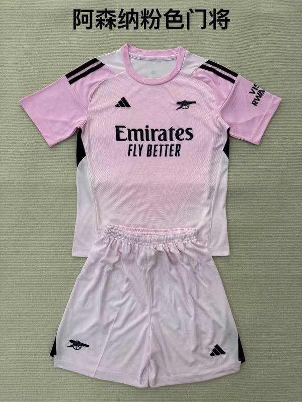 Youth Uniform Kids Kit 2025-2026 Arsenal Pink Goalkeeper Soccer Jersey Shorts Child Football Set