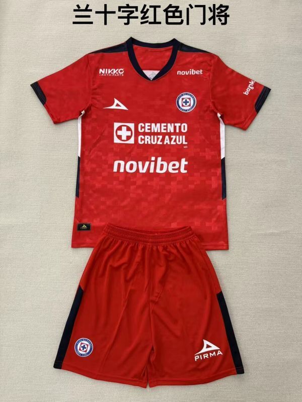 Youth Uniform Kids Kit 2025-2026 Cruz Azul Red Goalkeeper Soccer Jersey Shorts Child Football Set