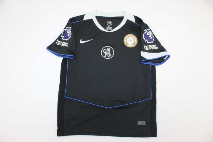 with Club World Cup Champions+No room For racism+EPL Patch Fan Version 2025-2026 Chelsea Third Away Black Soccer Jersey Football Shirt