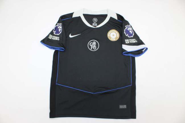 with Club World Cup Champions+No room For racism+EPL Patch Fan Version 2025-2026 Chelsea Third Away Black Soccer Jersey Football Shirt