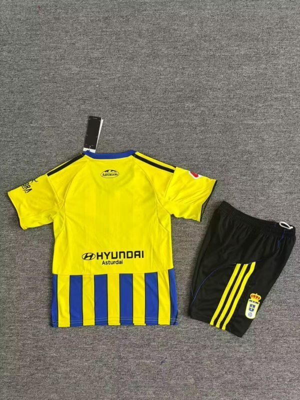 with LALIGA Patch Youth Uniform Kids Kit 2025-2026 Real Oviedo Away Yellow/Blue Soccer Jersey Shorts Child Football Set