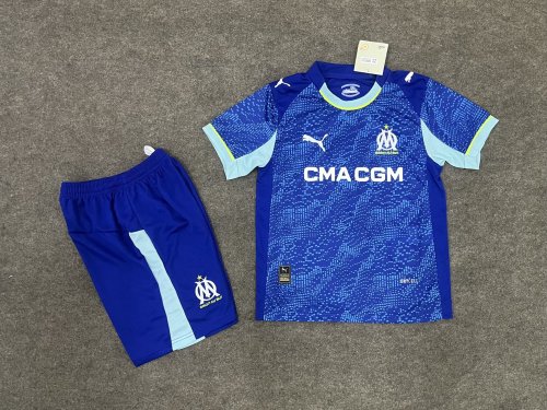Youth Uniform Kids Kit 2025-2026 Marseille Third Away Blue Soccer Jersey Shorts Child Football Set