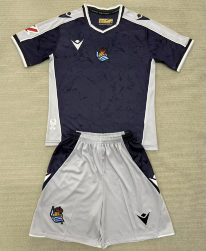 with LALIGA Patch Youth Uniform Kids Kit 2025-2026 Real Sociedad Away Black Soccer Jersey Shorts Child Football Set