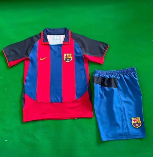 Retro Youth Uniform Kids Kit 2003-2004 Barcelona Home Soccer Jersey Shorts Vintage Child Football Set