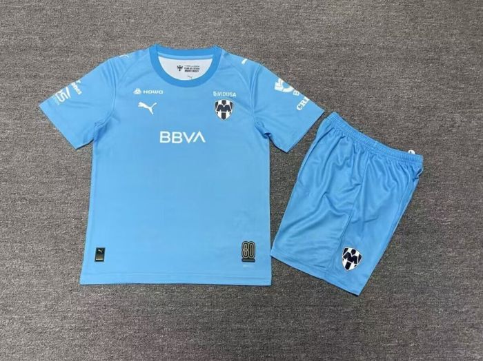 Youth Uniform Kids Kit Monterrey 2025-2026 Blue Goalkeeper Soccer Jersey Shorts Child Football Set