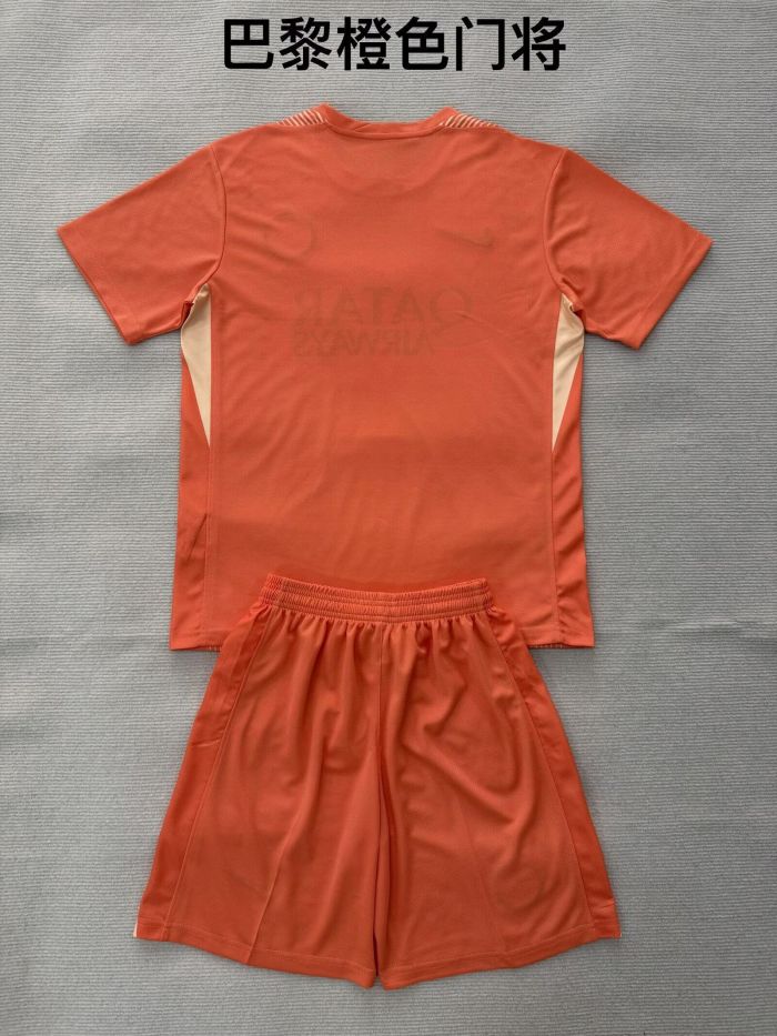 Youth Uniform Kids Kit 2025-2026 PSG Orange Goalkeeper Soccer Jersey Shorts Paris Child Football Set