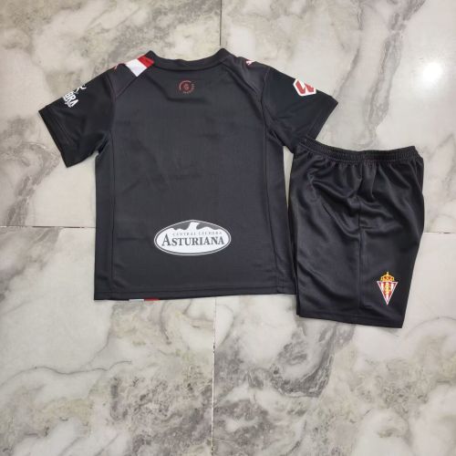 with LALIGA Patch Youth Uniform Kids Kit 2025-2026 Sporting Gijon Away Black Soccer Jersey Shorts Child Football Set