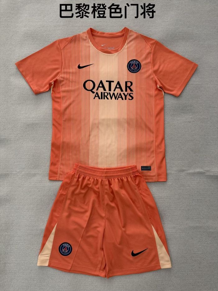 Youth Uniform Kids Kit 2025-2026 PSG Orange Goalkeeper Soccer Jersey Shorts Paris Child Football Set
