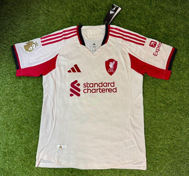 with Golden EPL Patch Fan Version 2025-2026 Liverpool Away White Soccer Jersey Football Shirt