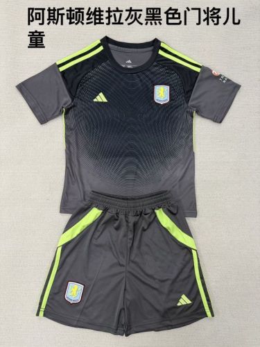 without Sponor Logo Youth Uniform Kids Kit 2025-2026 Aston Villa Black/Grey Goalkeeper Soccer Jersey Shorts Child Football Set